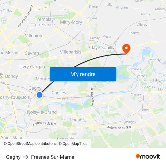 Gagny to Fresnes-Sur-Marne map