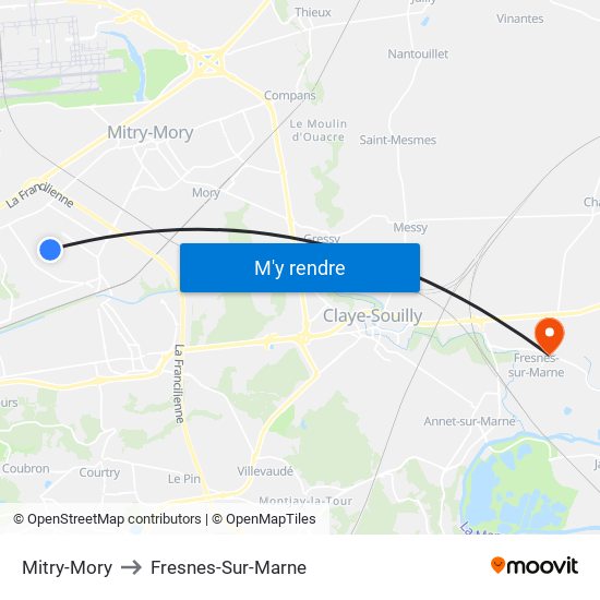 Mitry-Mory to Fresnes-Sur-Marne map