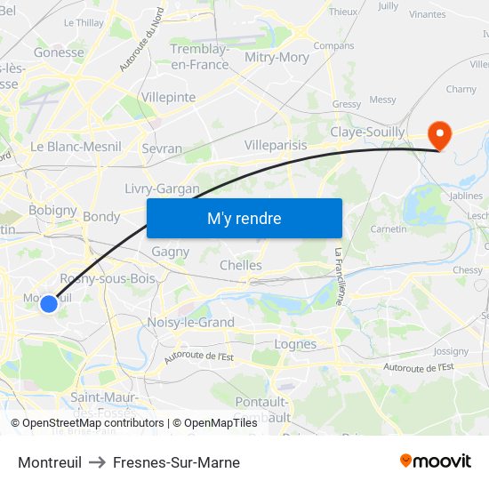 Montreuil to Fresnes-Sur-Marne map