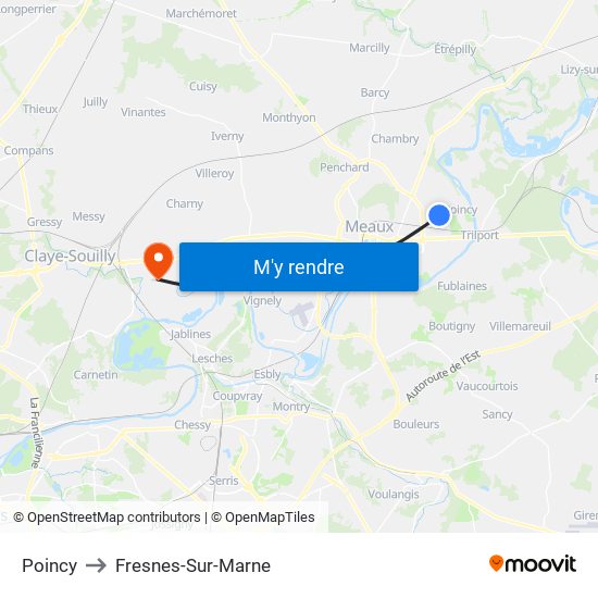 Poincy to Fresnes-Sur-Marne map