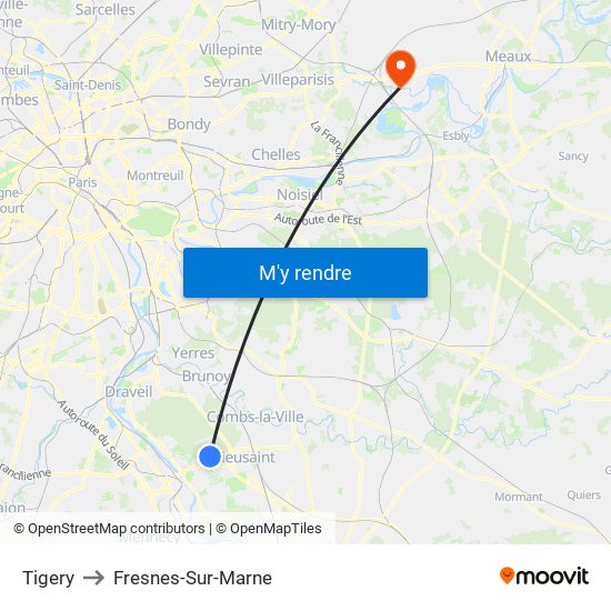 Tigery to Fresnes-Sur-Marne map