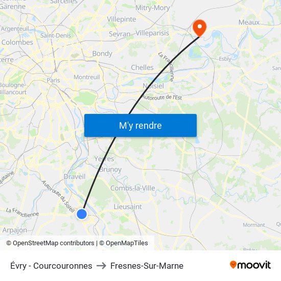 Évry - Courcouronnes to Fresnes-Sur-Marne map