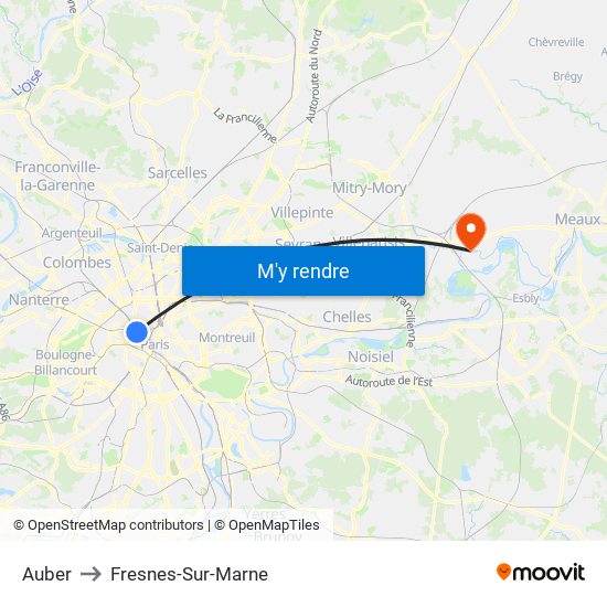 Auber to Fresnes-Sur-Marne map