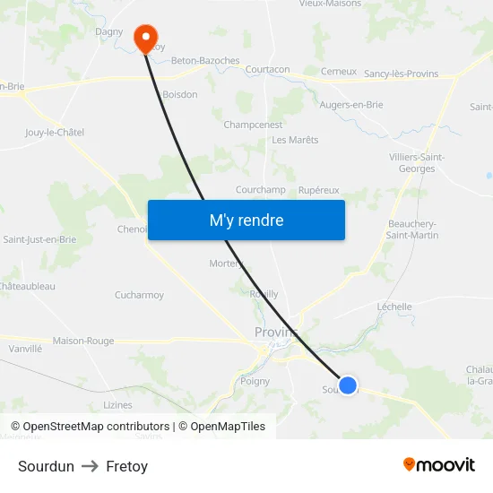 Sourdun to Fretoy map