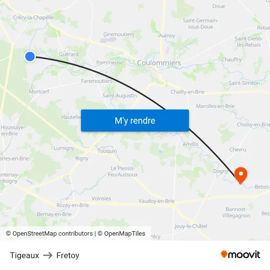 Tigeaux to Fretoy map