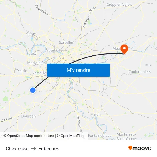 Chevreuse to Fublaines map