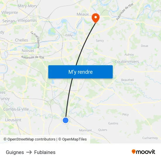Guignes to Fublaines map