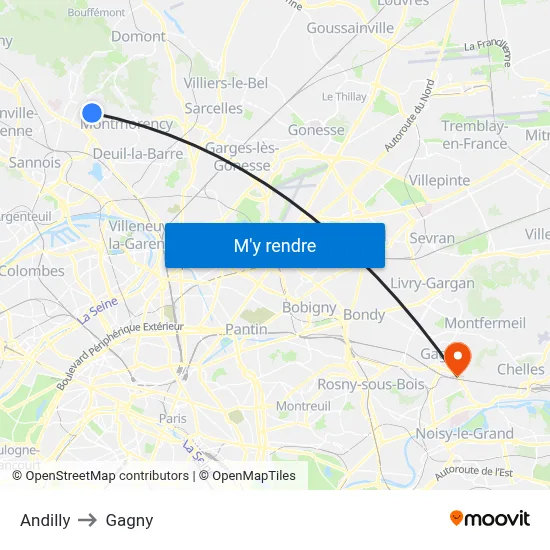 Andilly to Gagny map