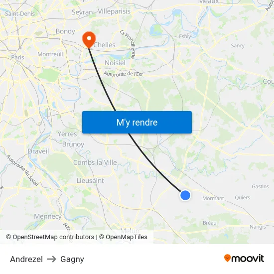 Andrezel to Gagny map