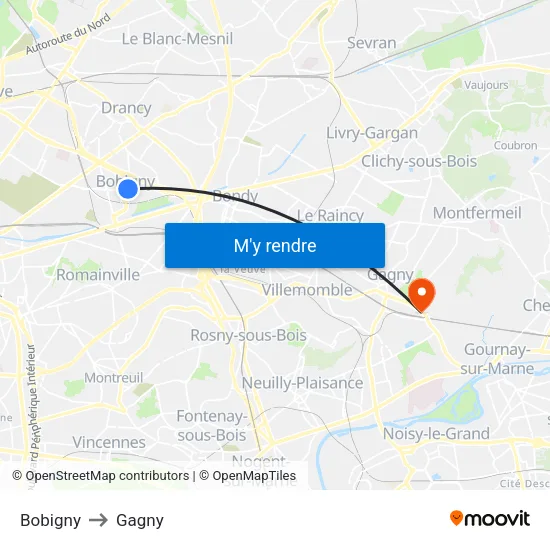 Bobigny to Gagny map