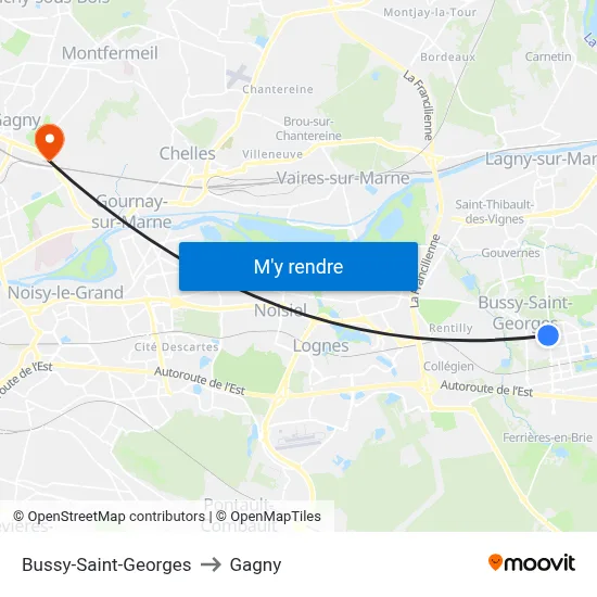 Bussy-Saint-Georges to Gagny map