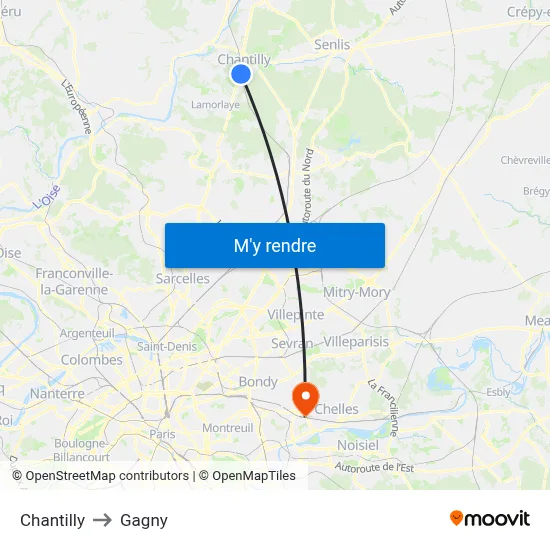 Chantilly to Gagny map