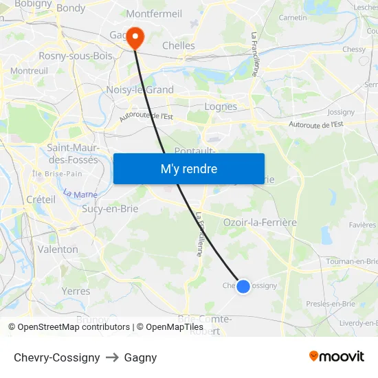 Chevry-Cossigny to Gagny map