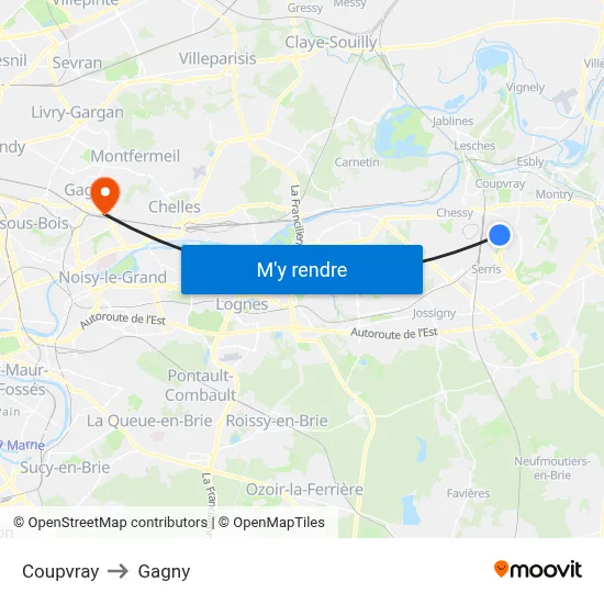 Coupvray to Gagny map