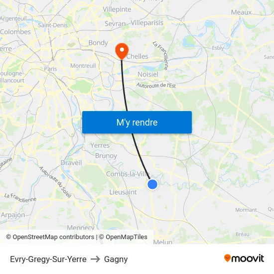 Evry-Gregy-Sur-Yerre to Gagny map