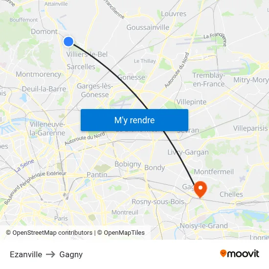 Ezanville to Gagny map