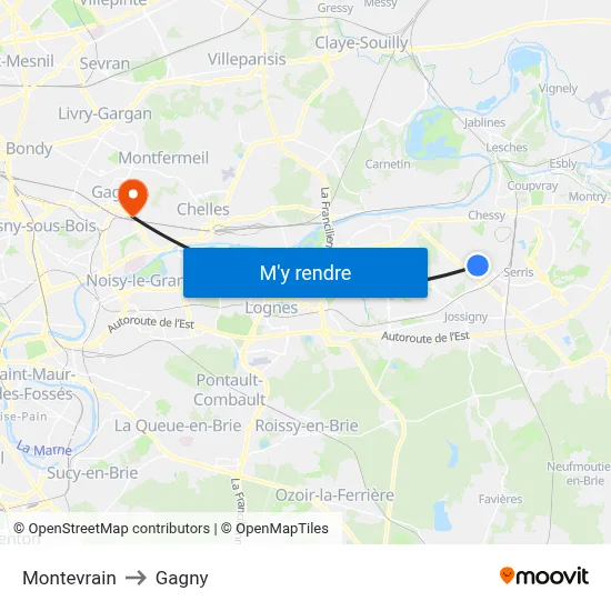 Montevrain to Gagny map