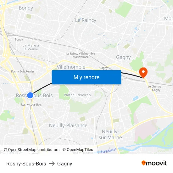 Rosny-Sous-Bois to Gagny map