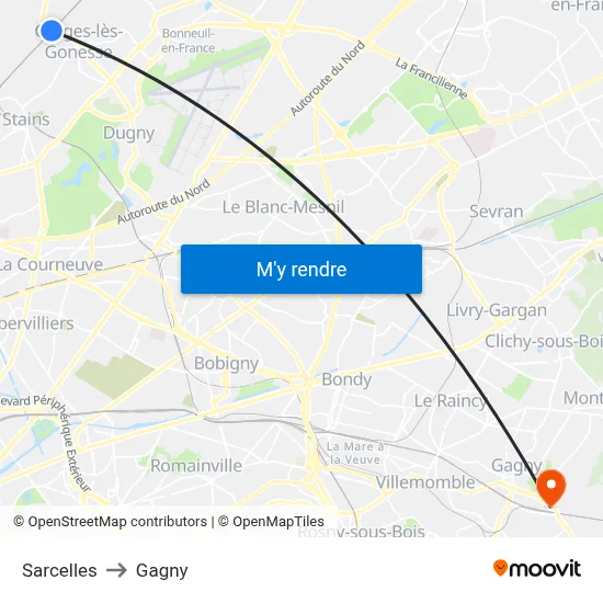 Sarcelles to Gagny map