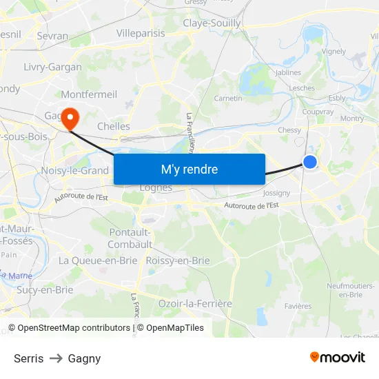 Serris to Gagny map