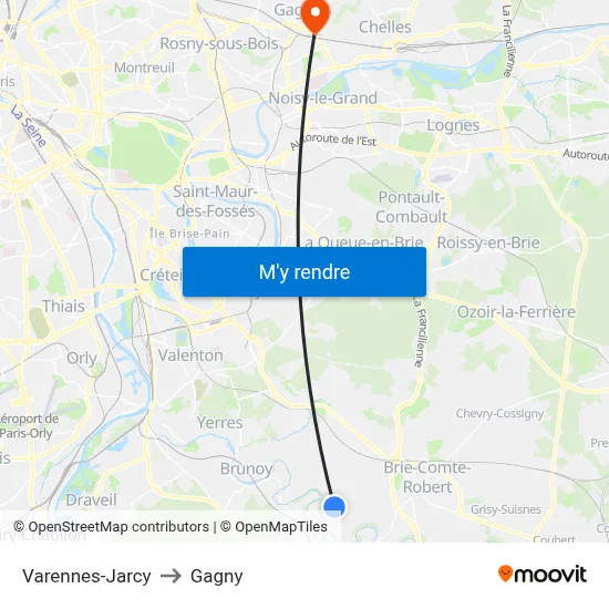 Varennes-Jarcy to Gagny map