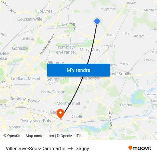 Villeneuve-Sous-Dammartin to Gagny map