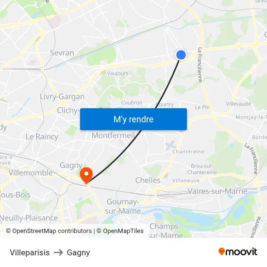 Villeparisis to Gagny map