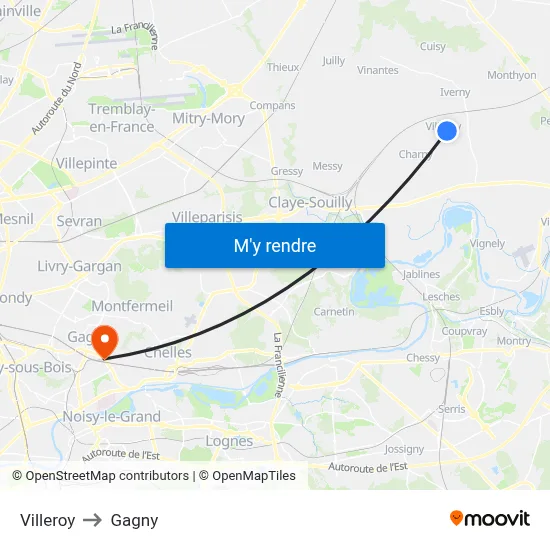 Villeroy to Gagny map