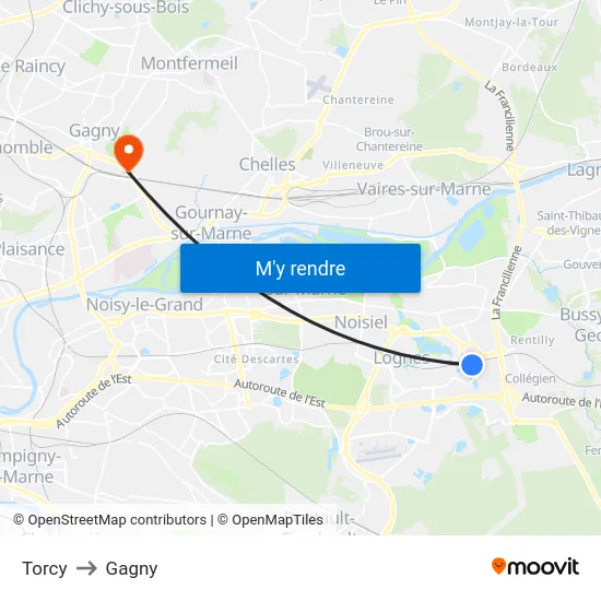 Torcy to Gagny map