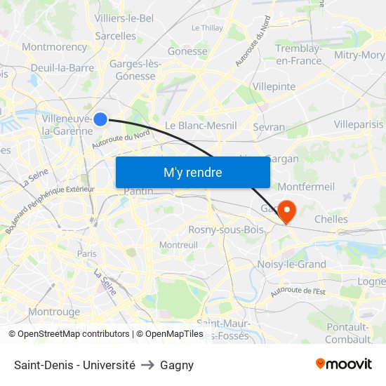 Saint-Denis - Université to Gagny map