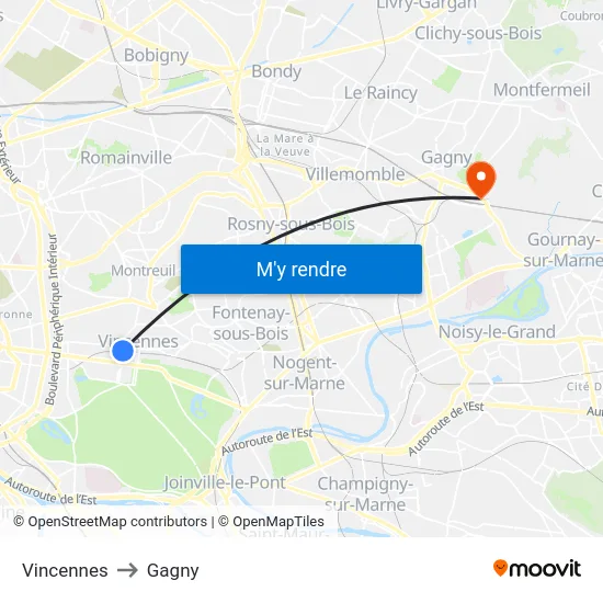 Vincennes to Gagny map