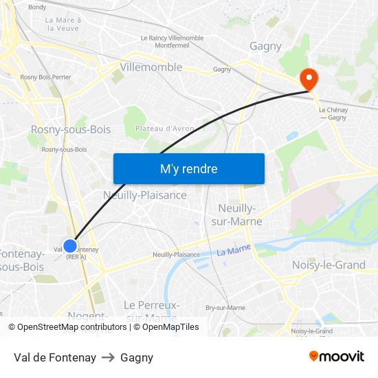 Val de Fontenay to Gagny map