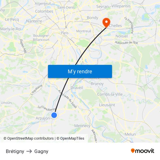 Brétigny to Gagny map