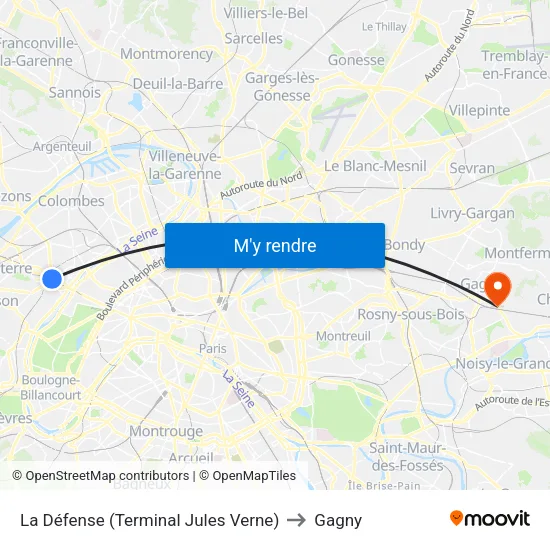 La Défense (Terminal Jules Verne) to Gagny map