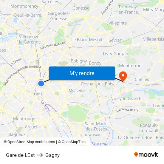 Gare de L'Est to Gagny map