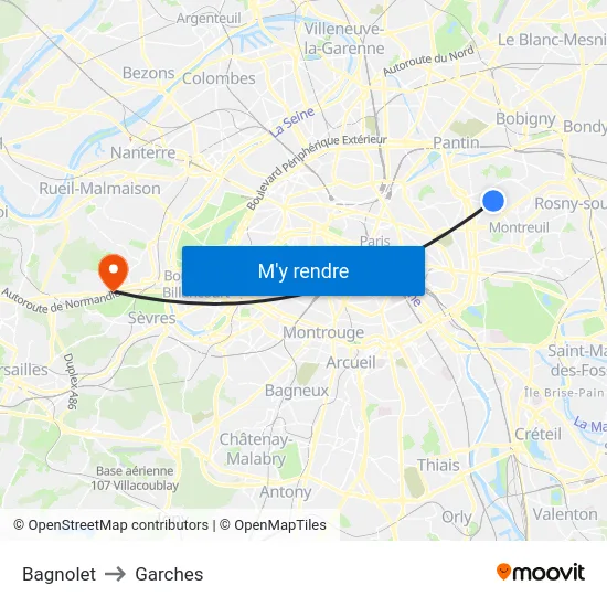 Bagnolet to Garches map