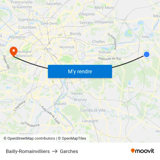 Bailly-Romainvilliers to Garches map