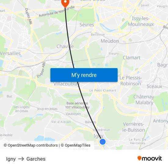 Igny to Garches map