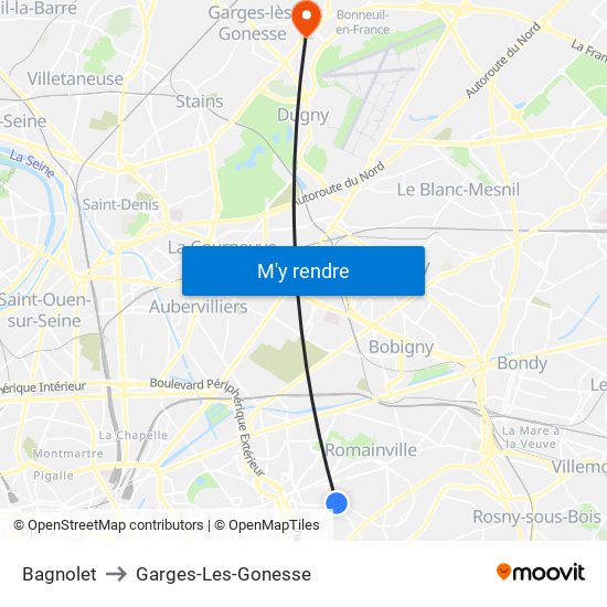Bagnolet to Garges-Les-Gonesse map