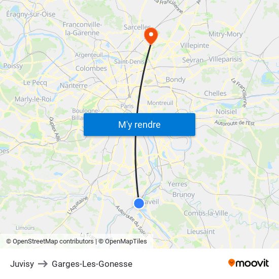 Juvisy to Garges-Les-Gonesse map