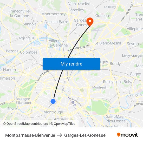 Montparnasse-Bienvenue to Garges-Les-Gonesse map