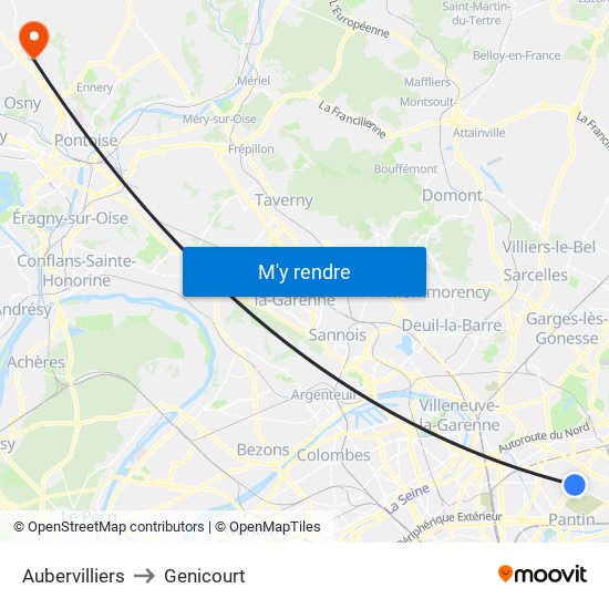 Aubervilliers to Genicourt map