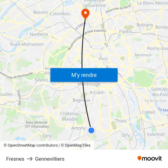 Fresnes to Gennevilliers map