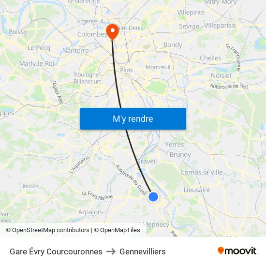 Gare Évry Courcouronnes to Gennevilliers map