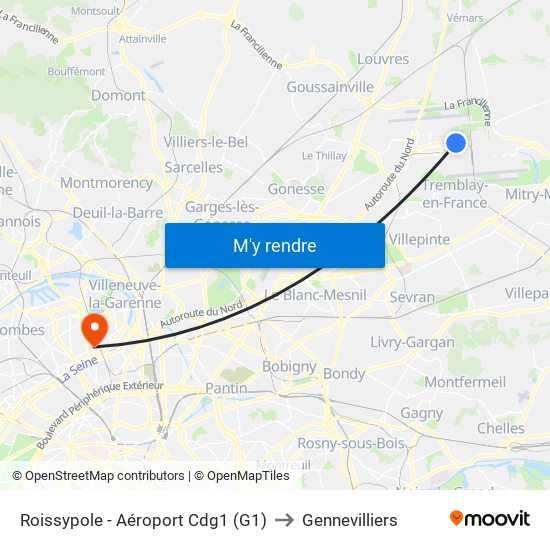 Roissypole - Aéroport Cdg1 (G1) to Gennevilliers map