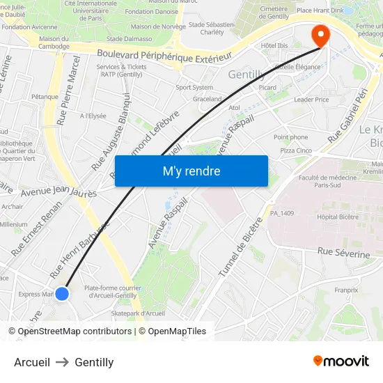 Arcueil to Gentilly map