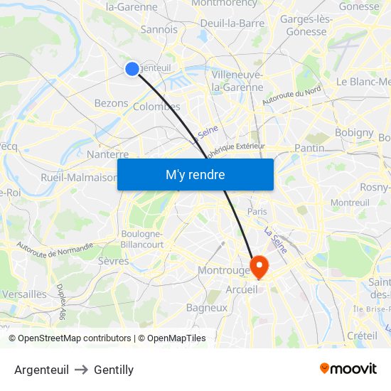 Argenteuil to Gentilly map