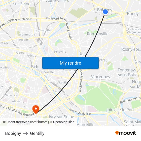 Bobigny to Gentilly map