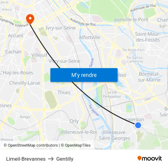 Limeil-Brevannes to Gentilly map