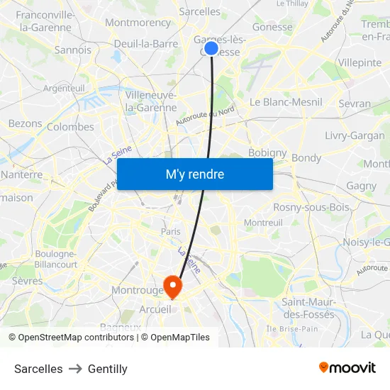 Sarcelles to Gentilly map